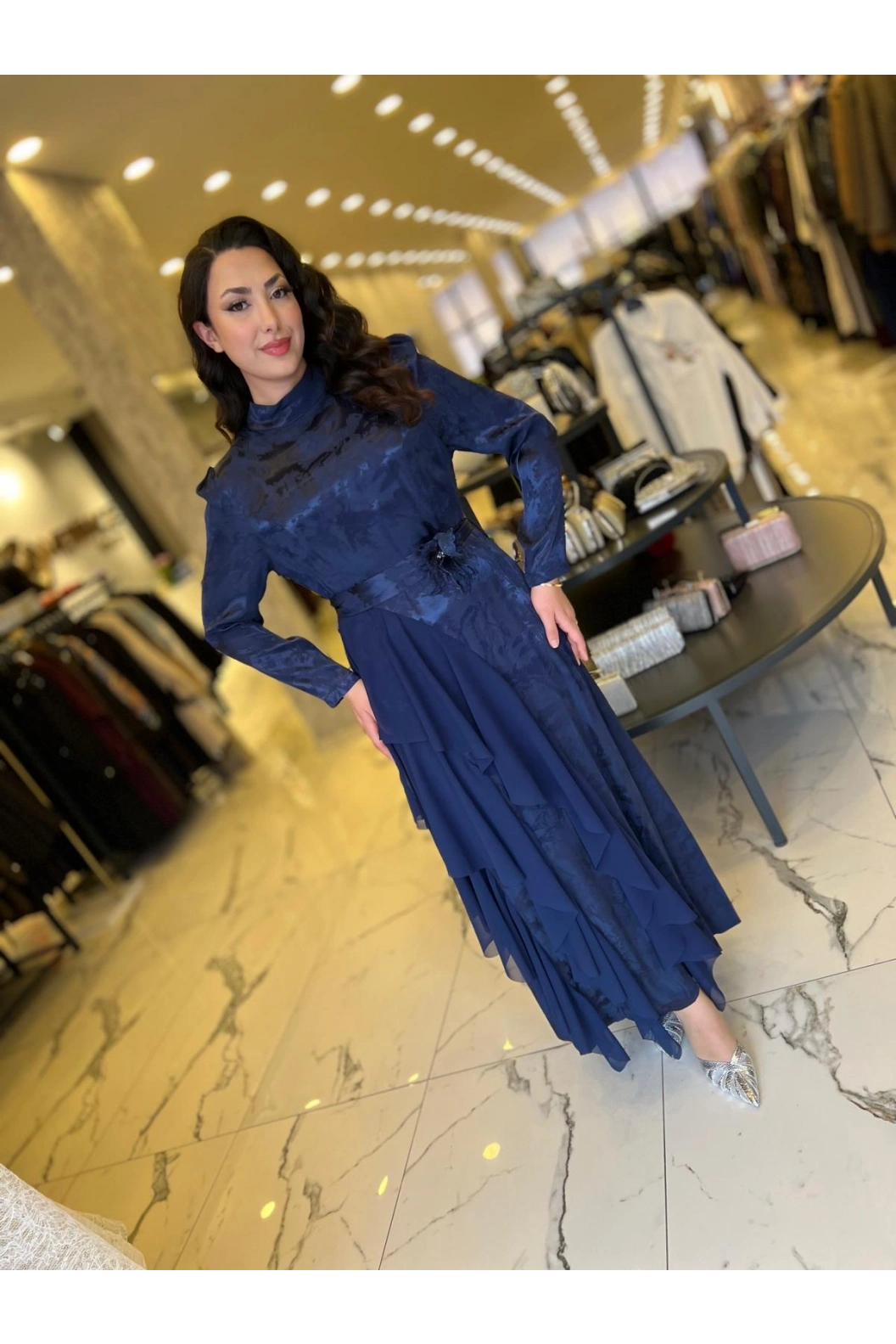 MY312-ŞİFON DETAYLI JAKAR ELBİSE LACİVERT