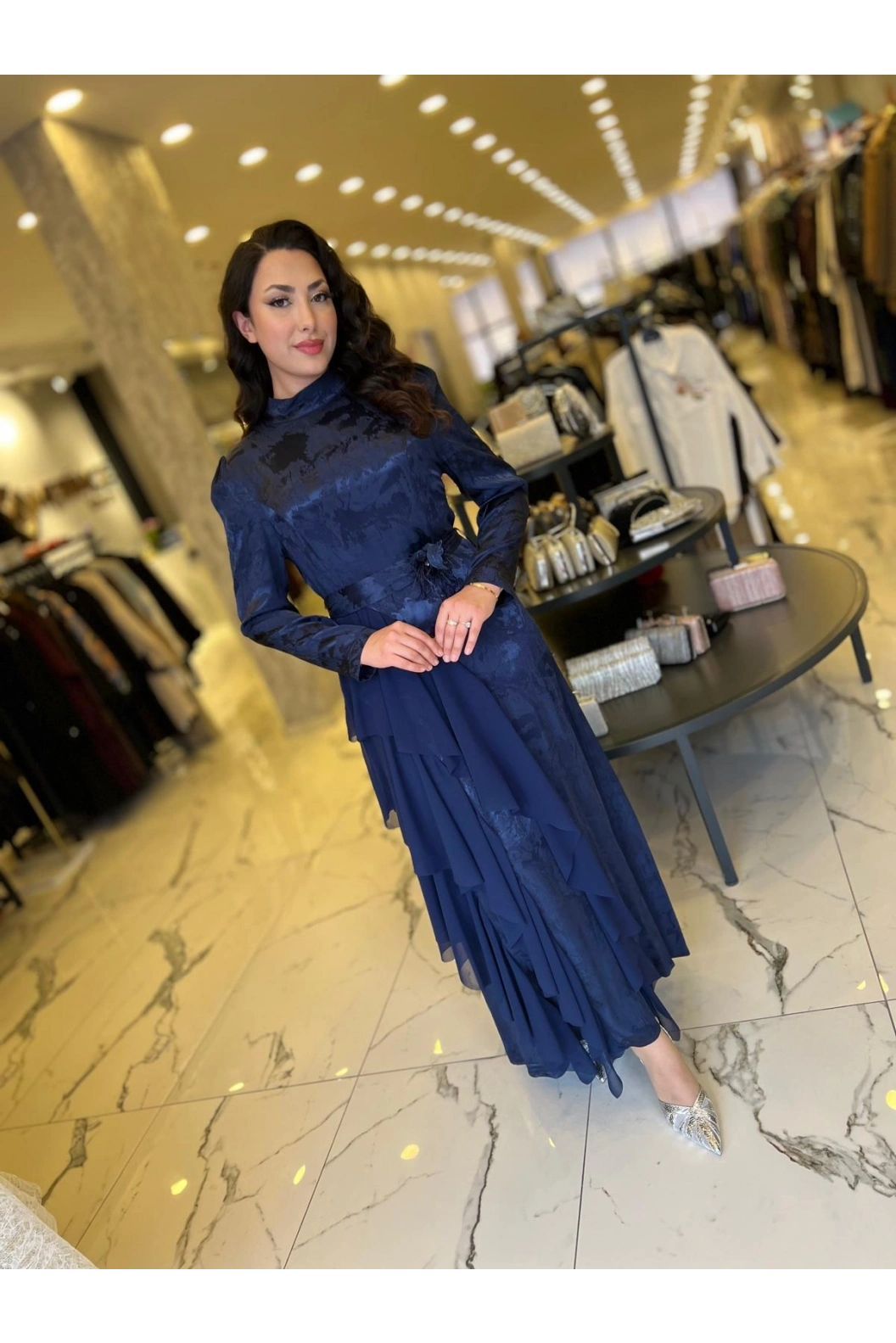 MY312-ŞİFON DETAYLI JAKAR ELBİSE LACİVERT