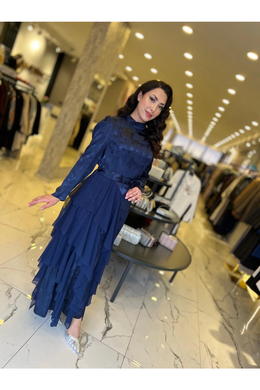 MY312-ŞİFON DETAYLI JAKAR ELBİSE LACİVERT