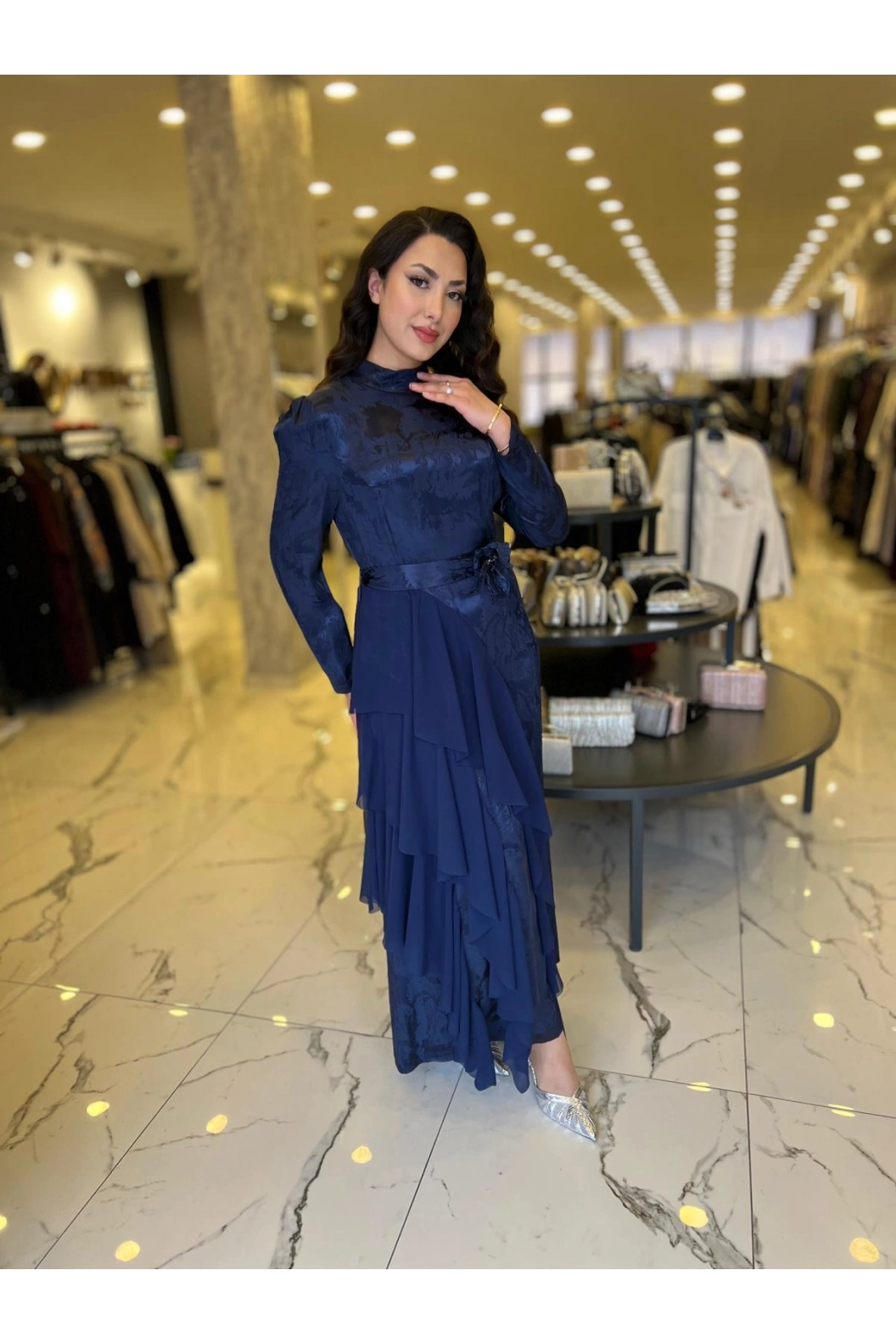 MY312-ŞİFON DETAYLI JAKAR ELBİSE LACİVERT
