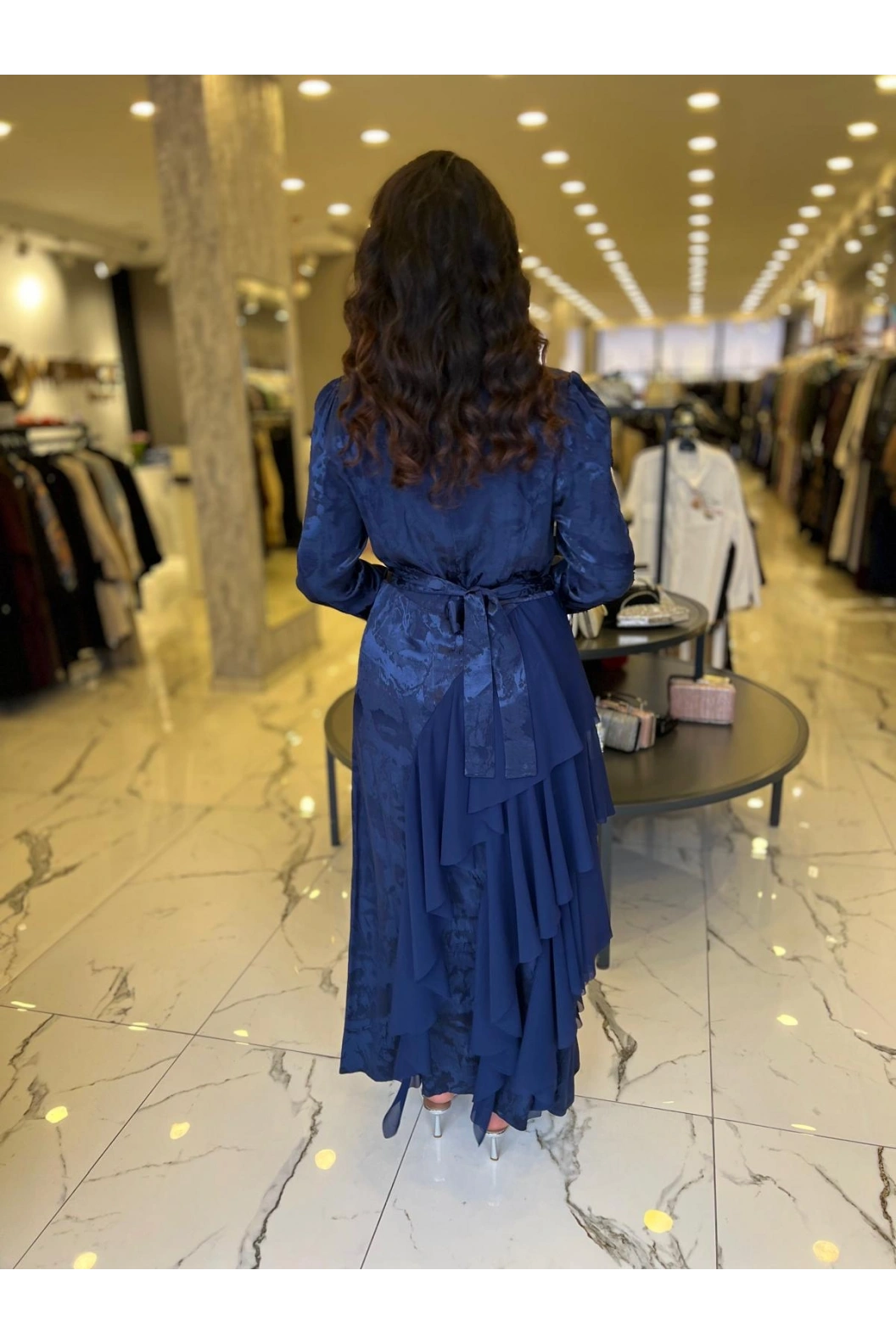 MY312-ŞİFON DETAYLI JAKAR ELBİSE LACİVERT