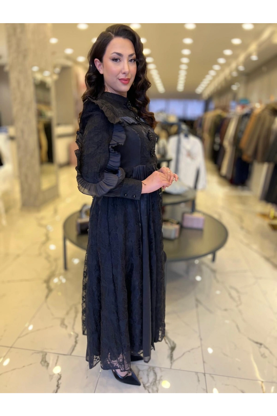 İTHAL-DANTELLİ FIRFIRLI ELBİSE SİYAH