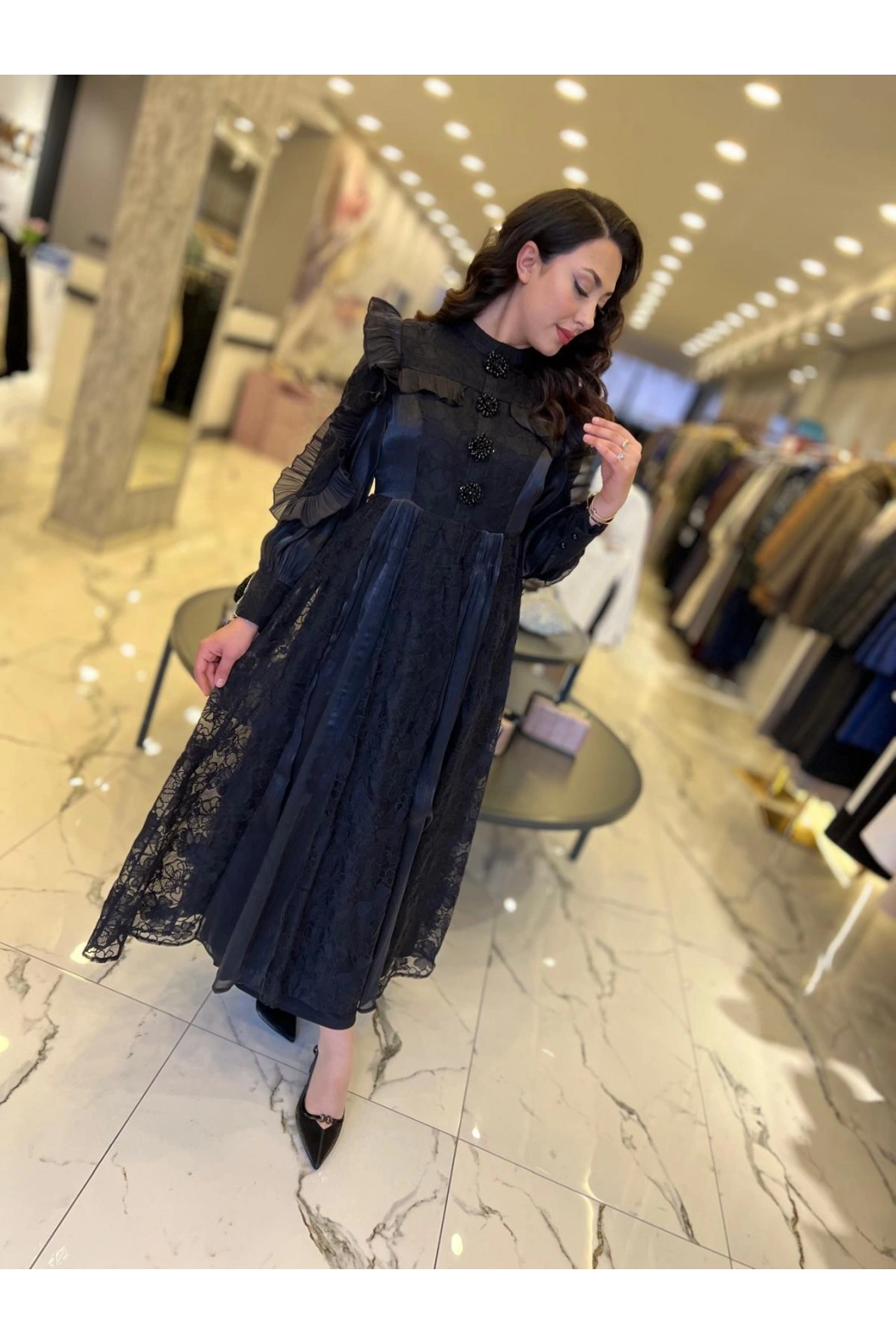 İTHAL-DANTELLİ FIRFIRLI ELBİSE SİYAH