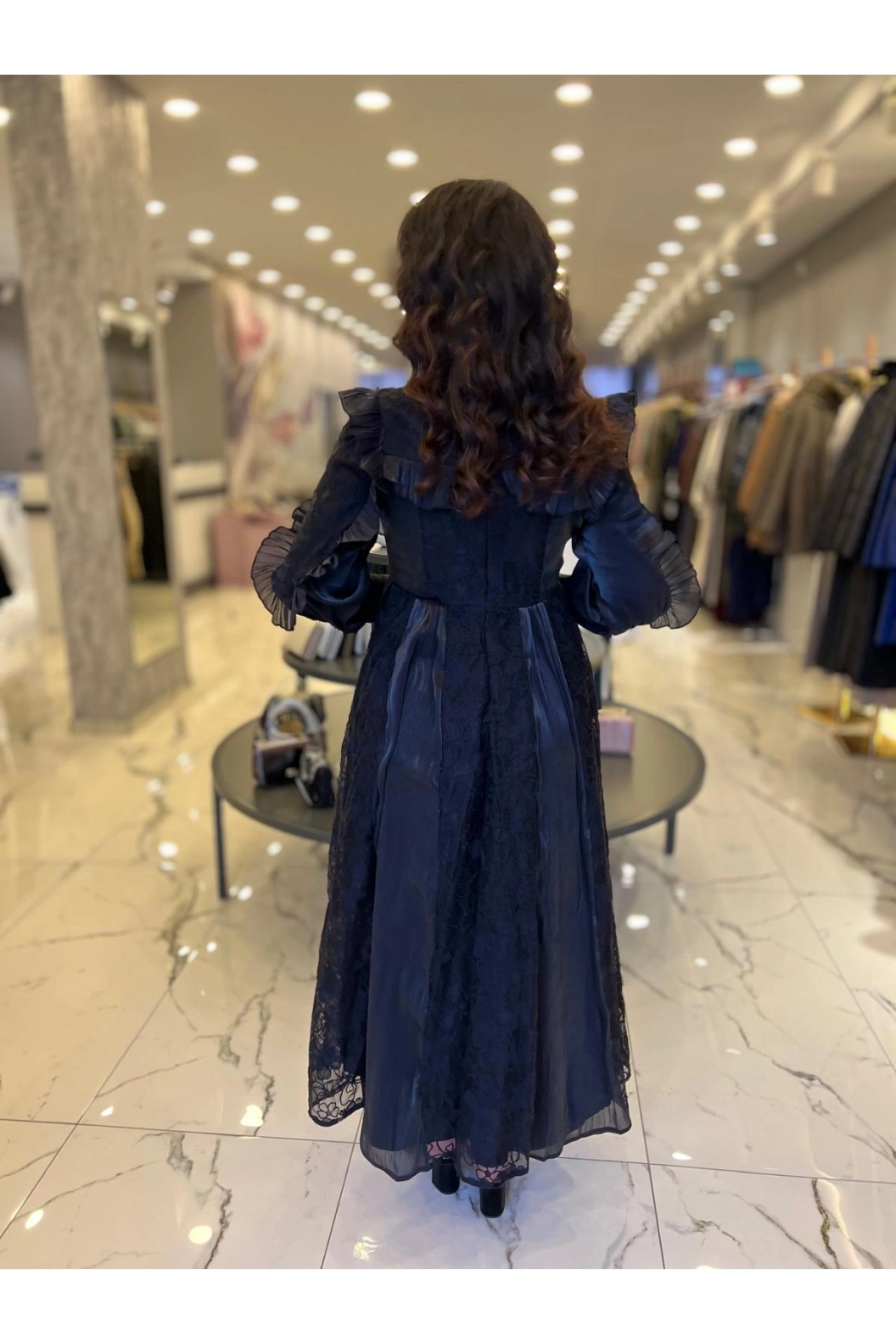 İTHAL-DANTELLİ FIRFIRLI ELBİSE SİYAH