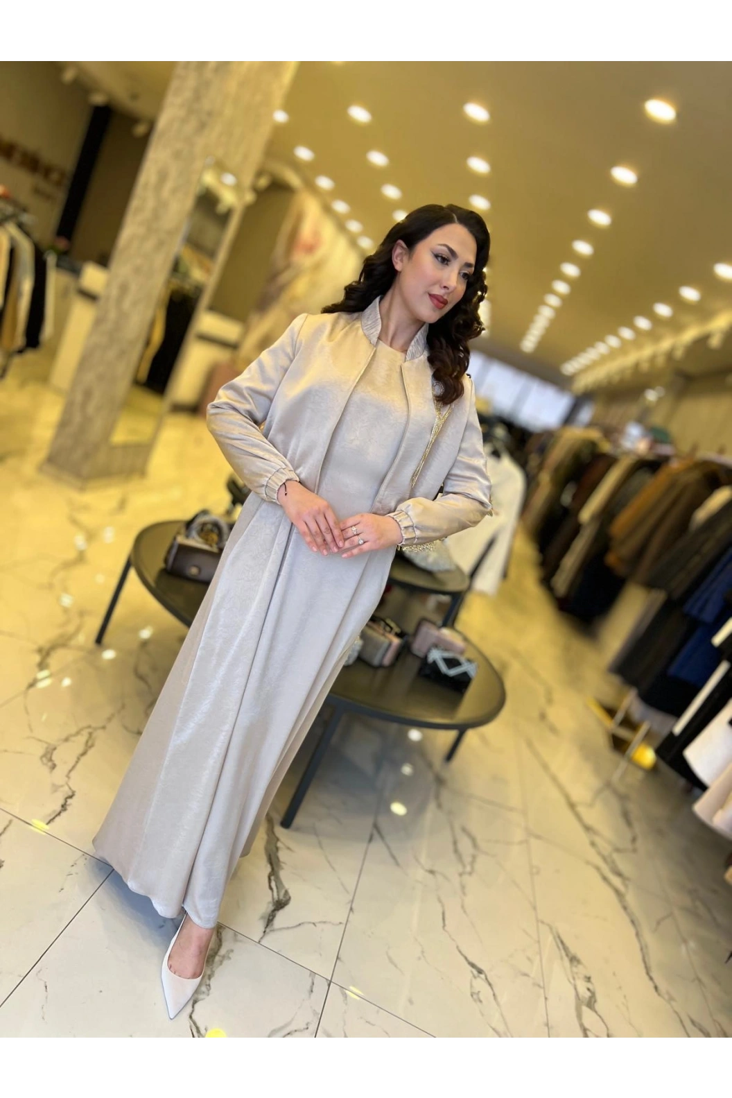 MATEKS-CEKETLİ ELBİSE BEJ