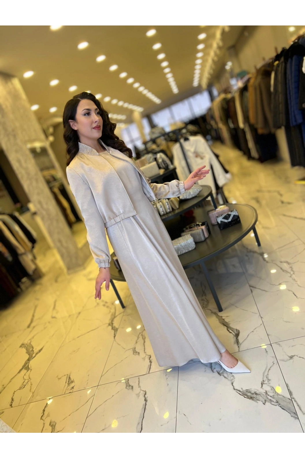 MATEKS-CEKETLİ ELBİSE BEJ