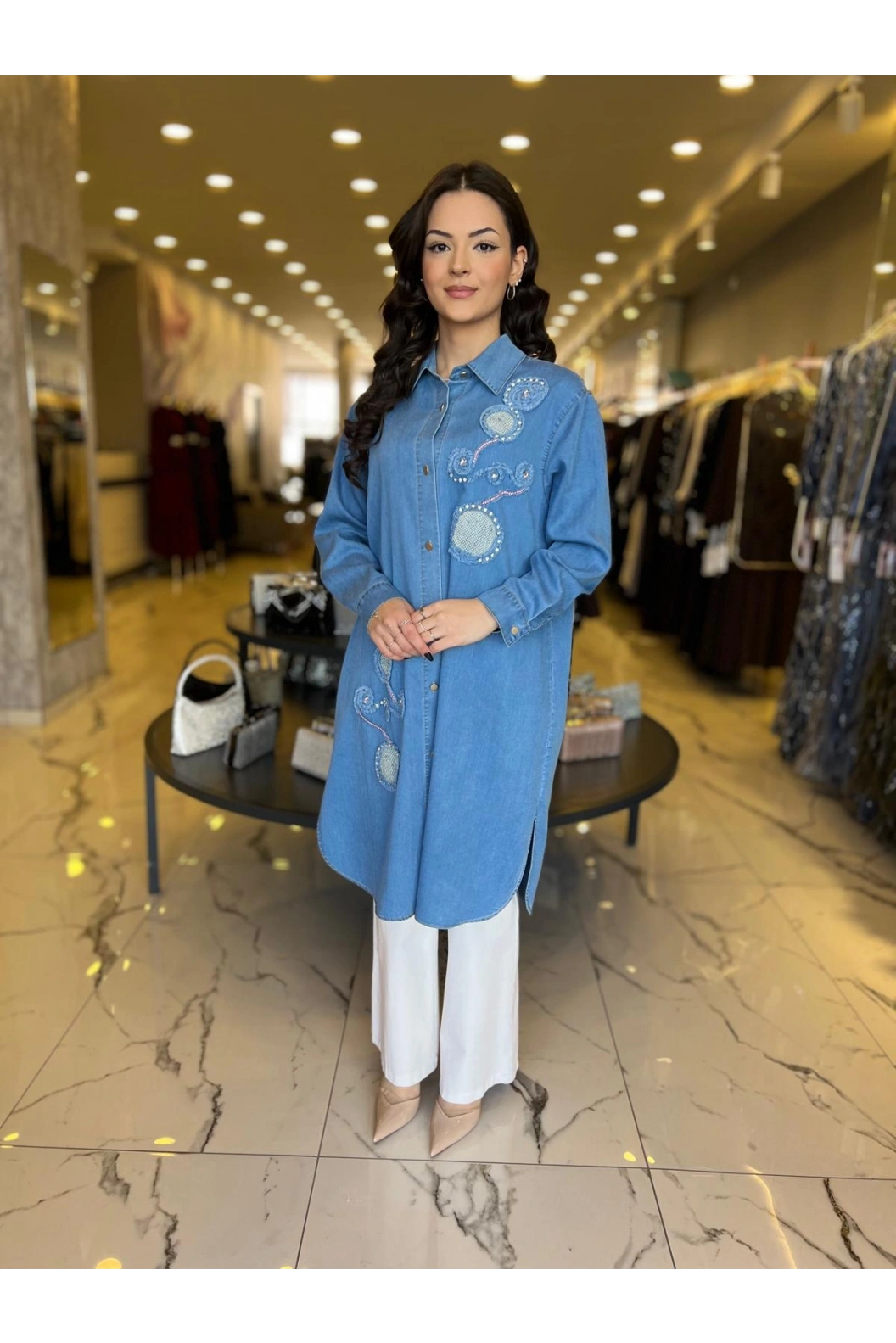 SOLİS-ÖNÜ DESENLİ KOT TUNİK AÇIK MAVİ