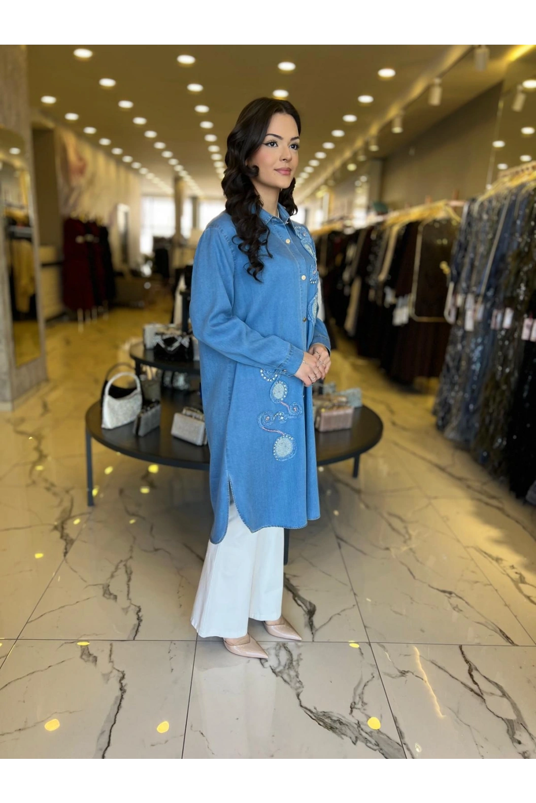 SOLİS-ÖNÜ DESENLİ KOT TUNİK AÇIK MAVİ