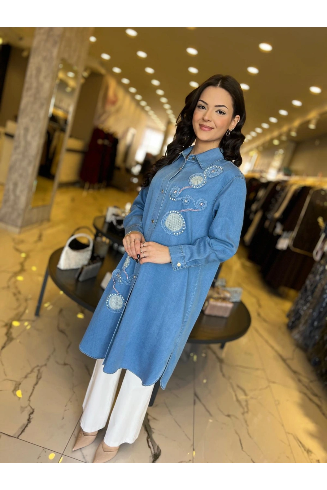 SOLİS-ÖNÜ DESENLİ KOT TUNİK AÇIK MAVİ