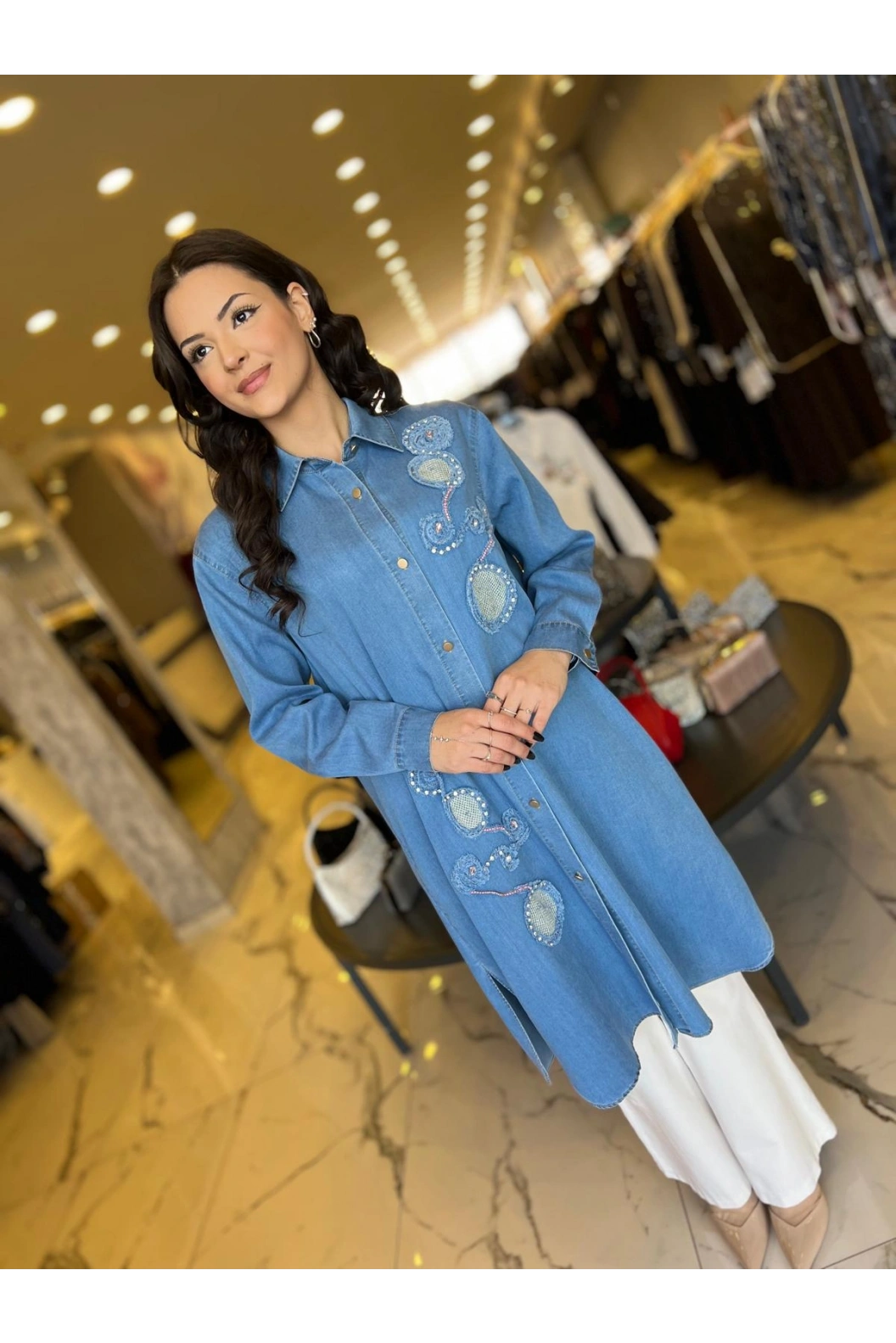 SOLİS-ÖNÜ DESENLİ KOT TUNİK AÇIK MAVİ