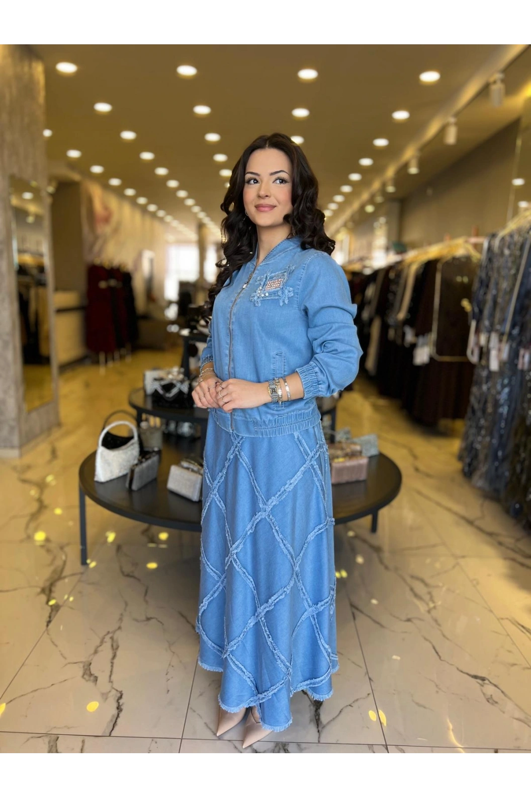 SOLİS-ETEĞİ DESENLİ KOT TAKIM AÇIK MAVİ