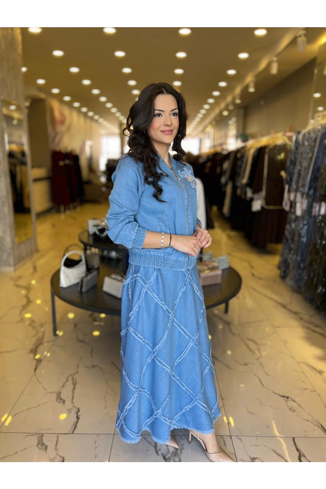 SOLİS-ETEĞİ DESENLİ KOT TAKIM AÇIK MAVİ