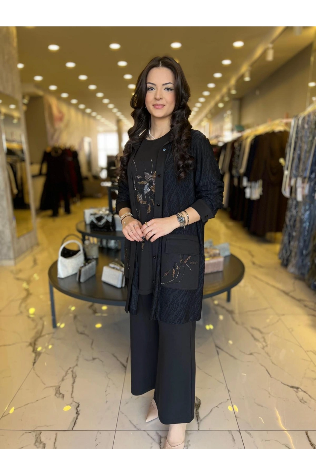 SOLİS-ZARİF ÇİZGİ 3 LÜ PANTOLONLU TAKIM SİYAH