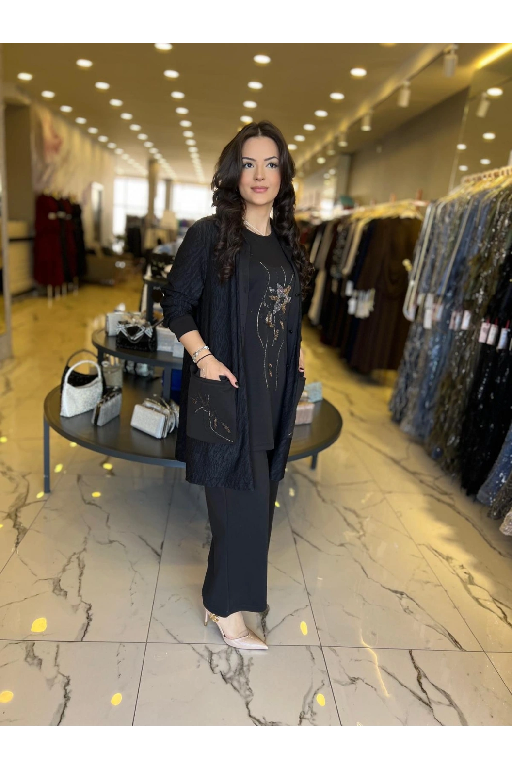 SOLİS-ZARİF ÇİZGİ 3 LÜ PANTOLONLU TAKIM SİYAH