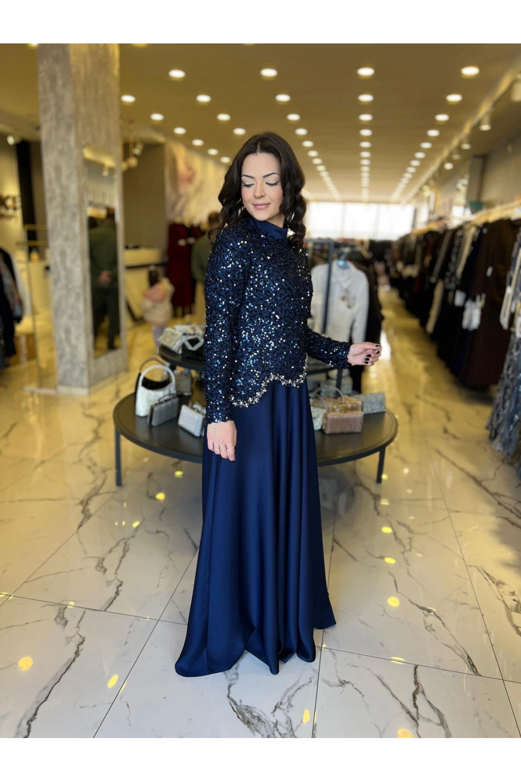 MATEKS-PAYETLİ ELBİSE LACİVERT