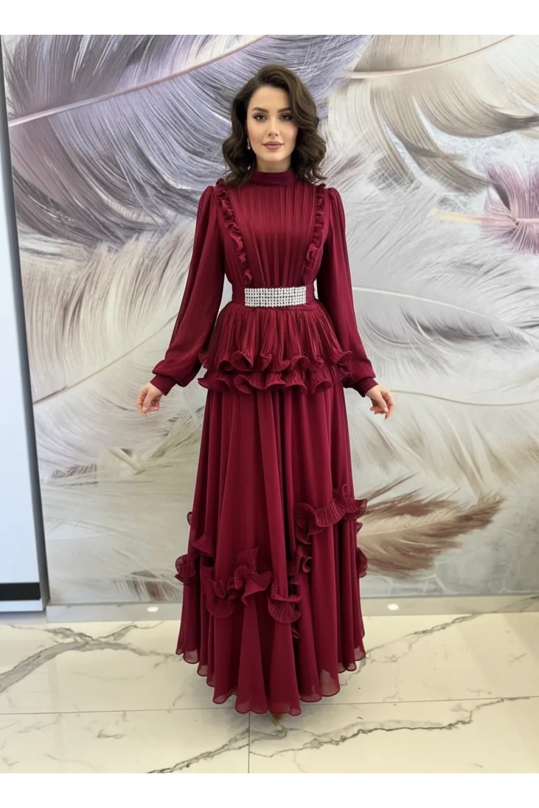 GAZELLA-KEMERİ TAŞLI ETEKLİ TAKIM BORDO