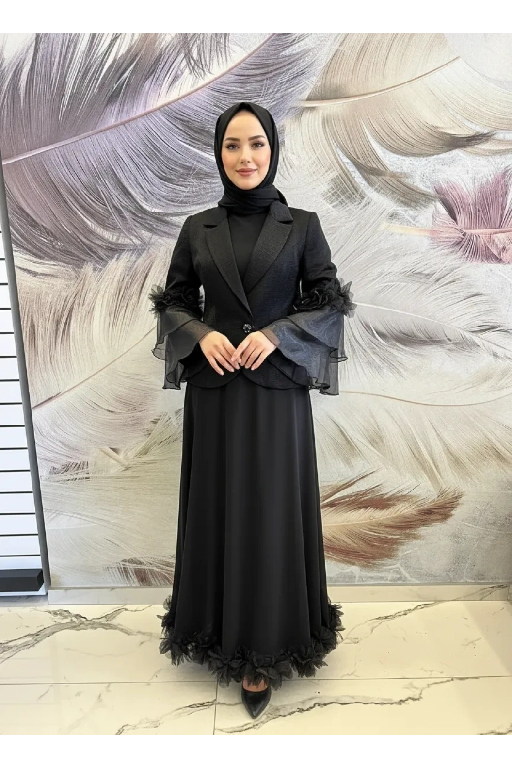 GAZELLA-TÜL DETAYLI ETEKLİ TAKIM SİYAH