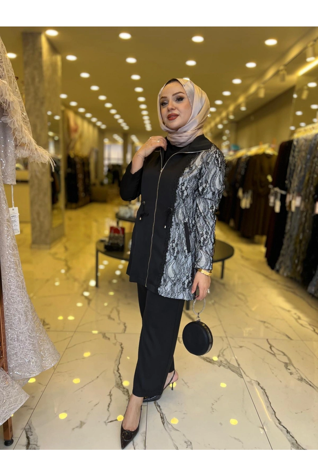 SOLİS-DANTELLİ PANTOLONLU TAKIM SİYAH