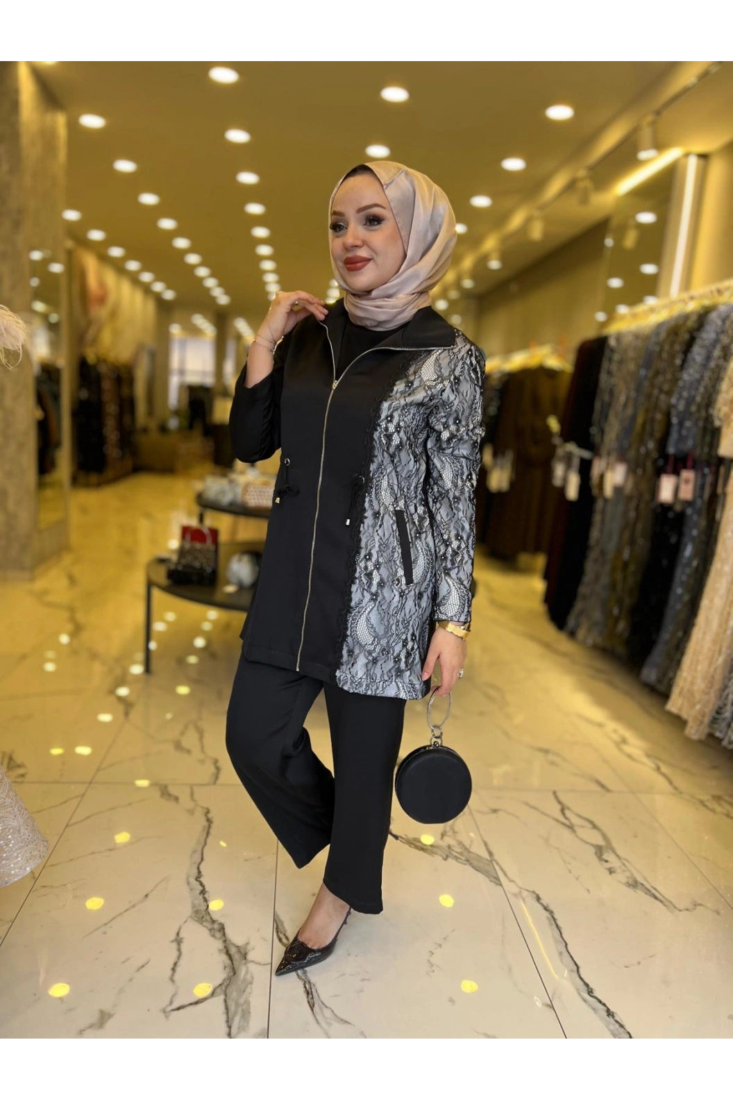 SOLİS-DANTELLİ PANTOLONLU TAKIM SİYAH