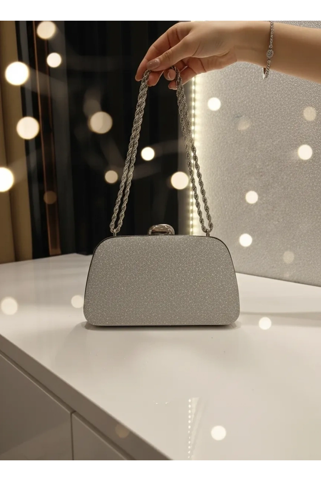 MERİHCE-ZİNCİRLİ ABİYE ÇANTA GÜMÜŞ