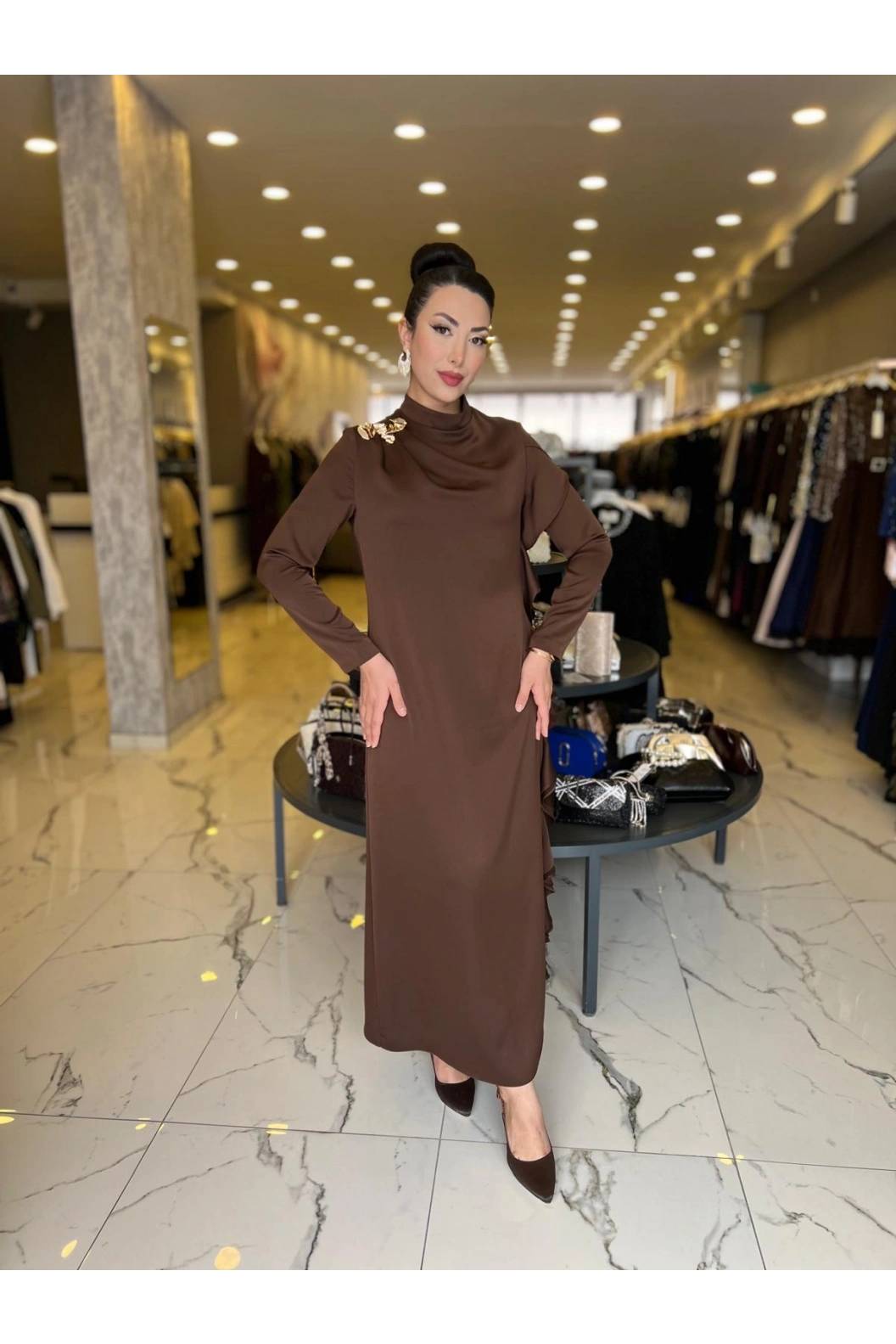 MATEKS-YANI FIRFIRLI ELBİSE KAHVE