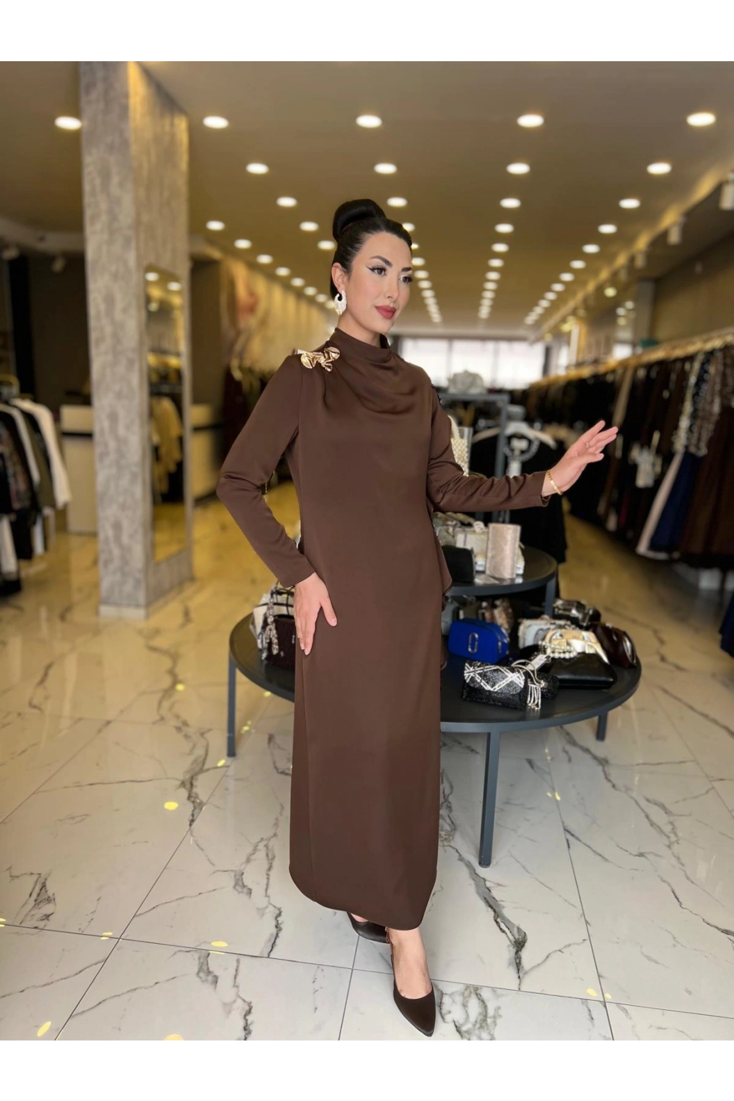 MATEKS-YANI FIRFIRLI ELBİSE KAHVE