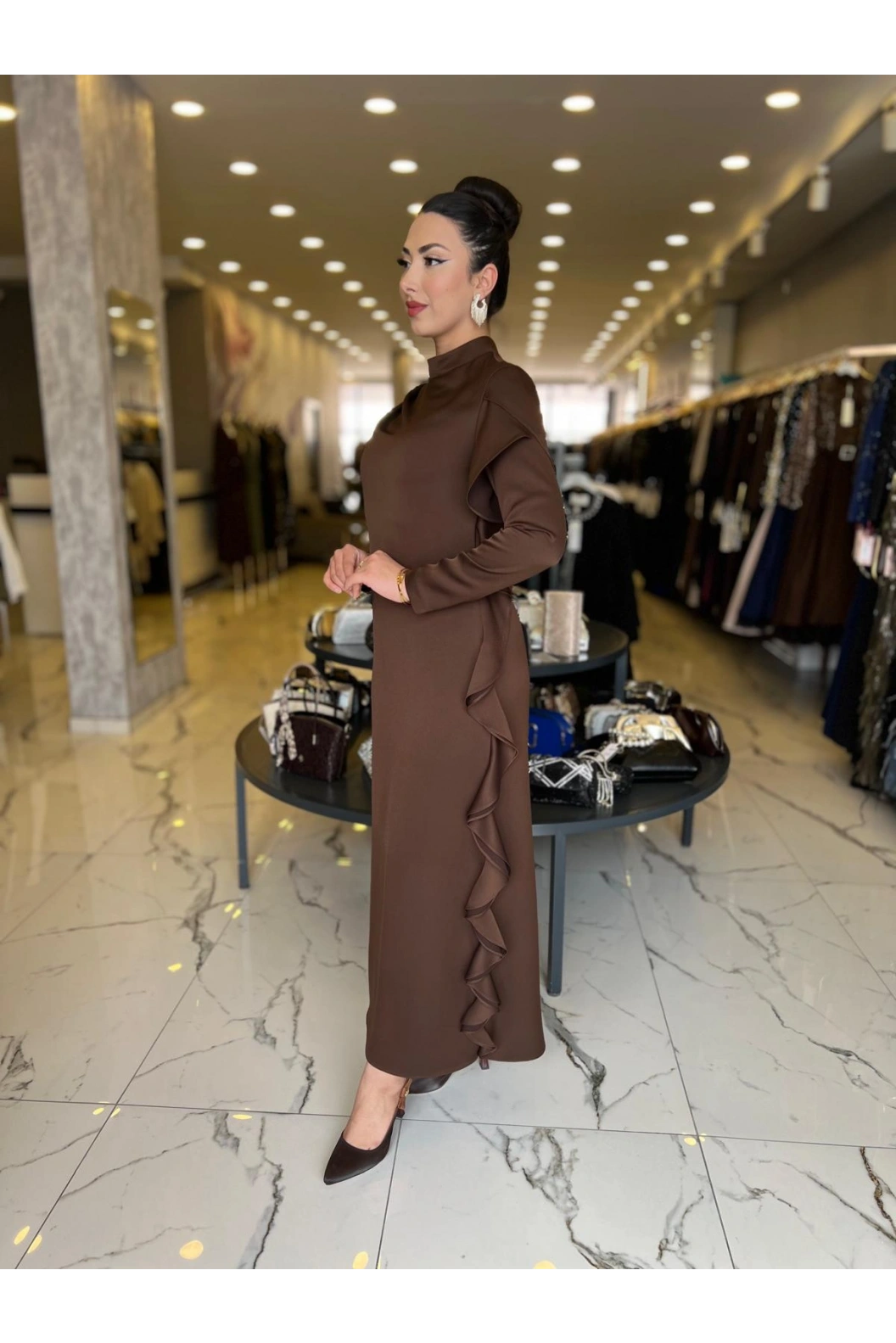 MATEKS-YANI FIRFIRLI ELBİSE KAHVE