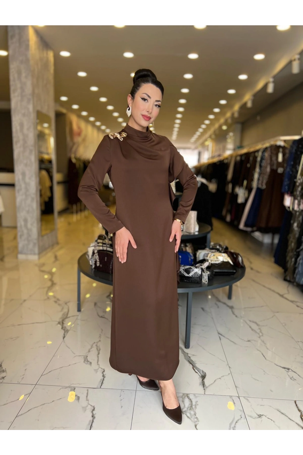 MATEKS-YANI FIRFIRLI ELBİSE KAHVE