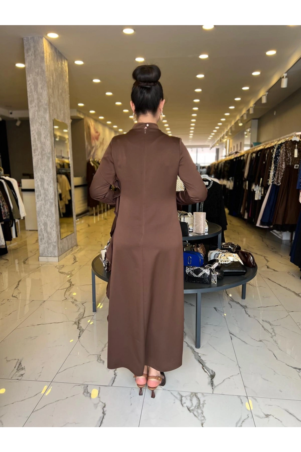 MATEKS-YANI FIRFIRLI ELBİSE KAHVE