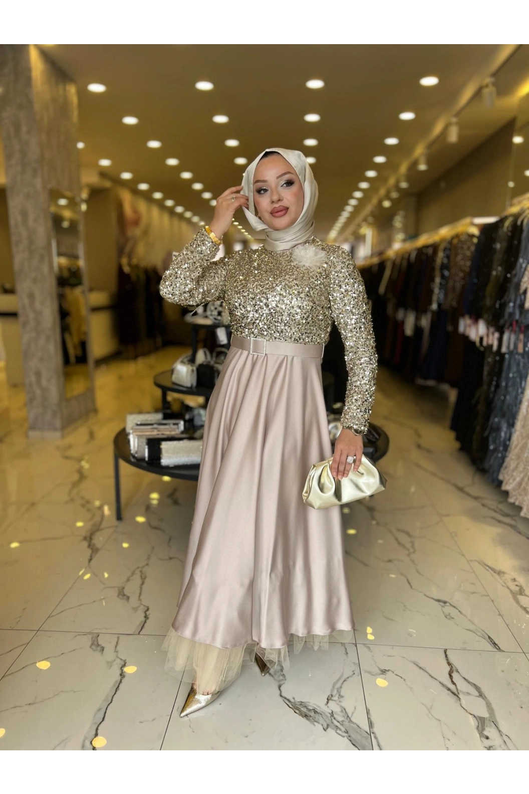 MATEKS-PUL PAYETLİ ELBİSE BEJ