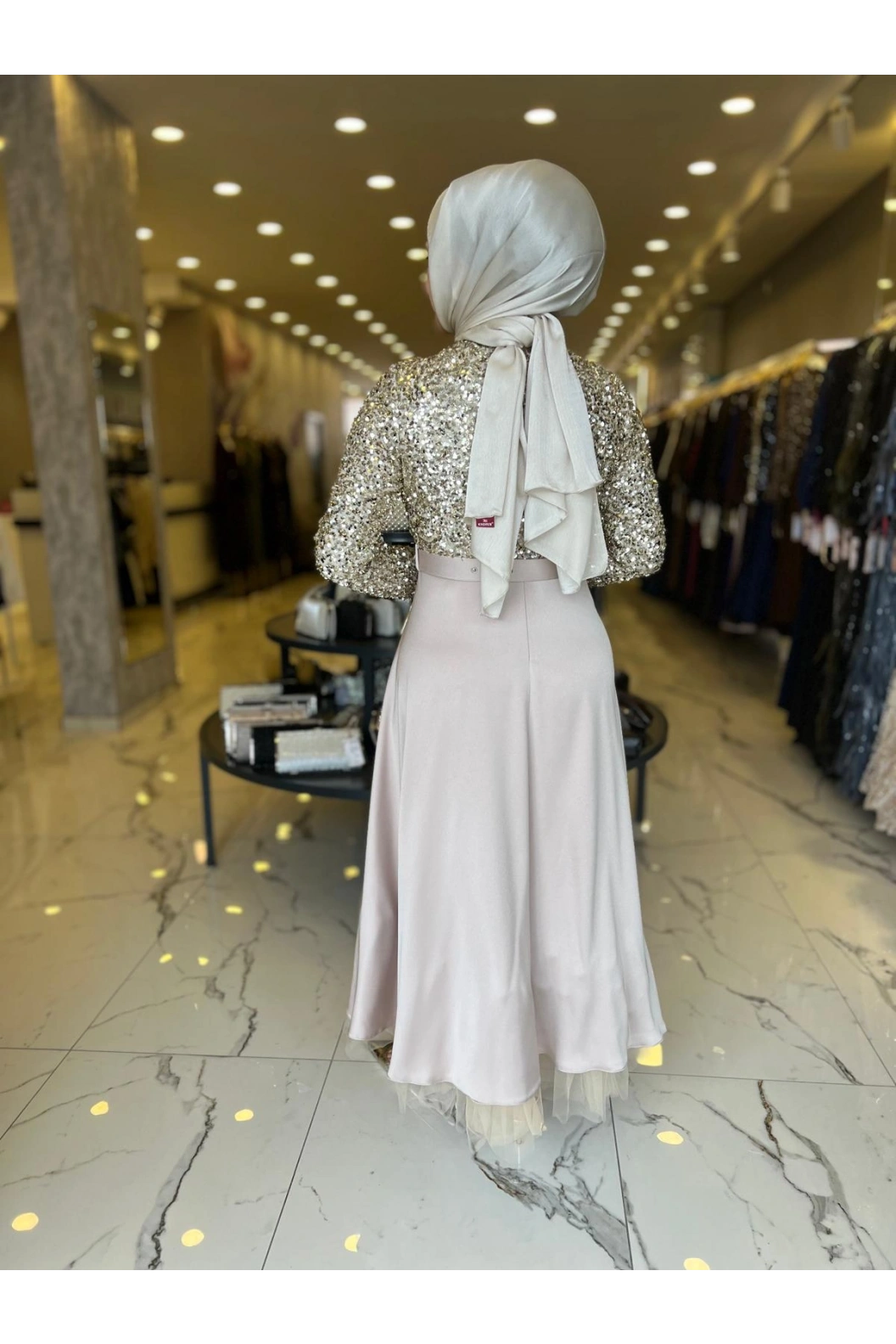 MATEKS-PUL PAYETLİ ELBİSE BEJ