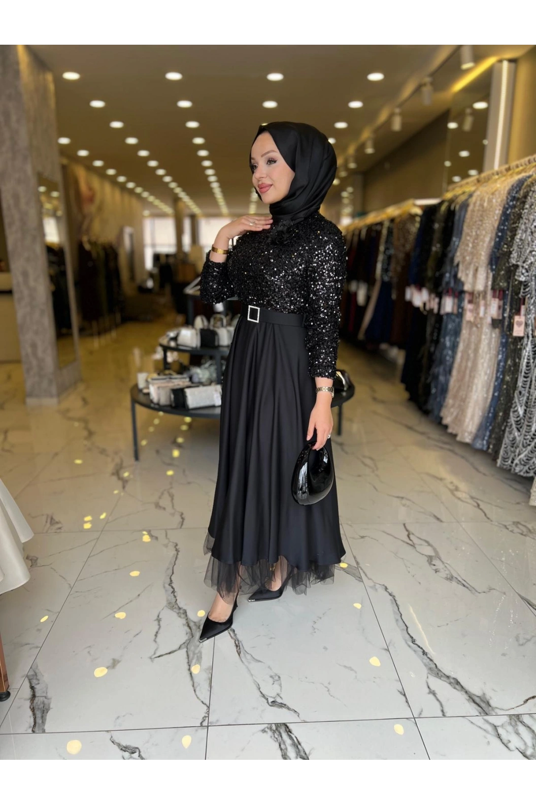 MATEKS-PUL PAYETLİ ELBİSE SİYAH