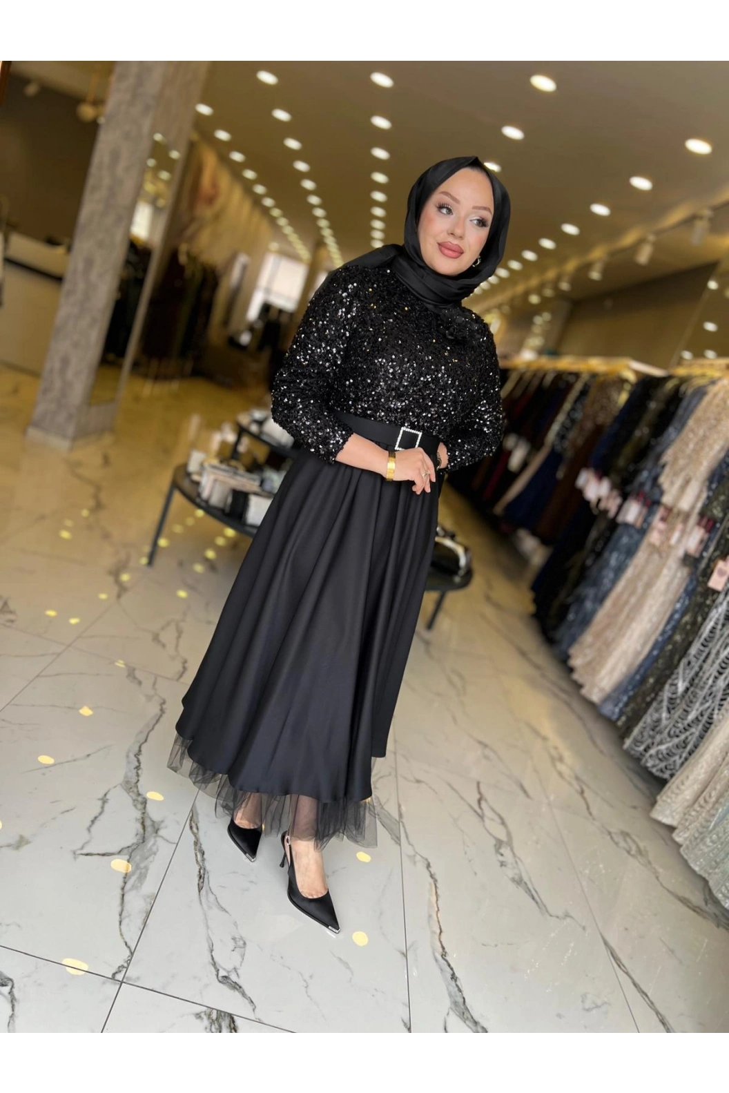 MATEKS-PUL PAYETLİ ELBİSE SİYAH