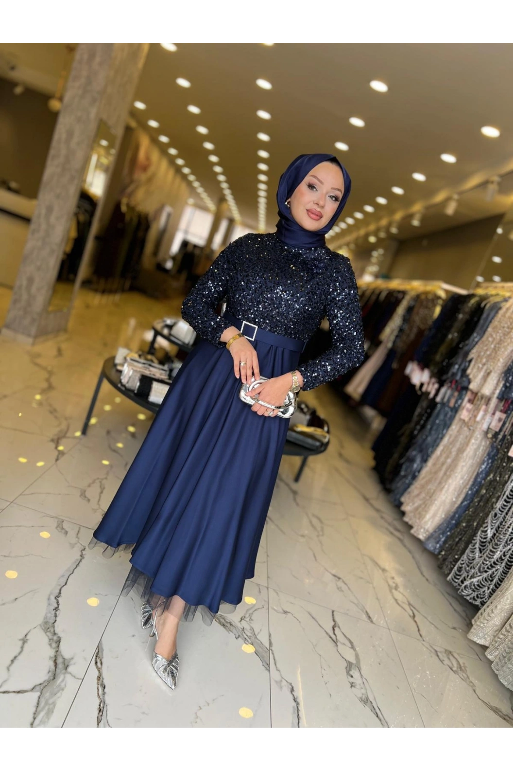 MATEKS-PUL PAYETLİ ELBİSE LACİVERT