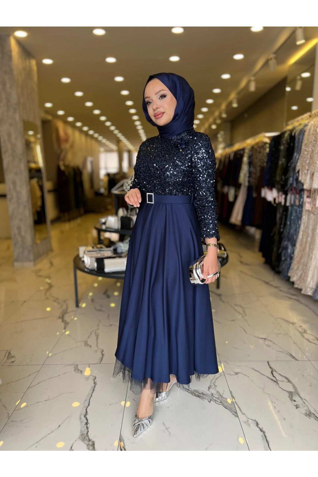 MATEKS-PUL PAYETLİ ELBİSE LACİVERT