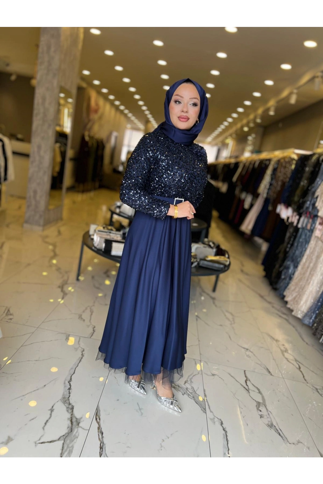 MATEKS-PUL PAYETLİ ELBİSE LACİVERT