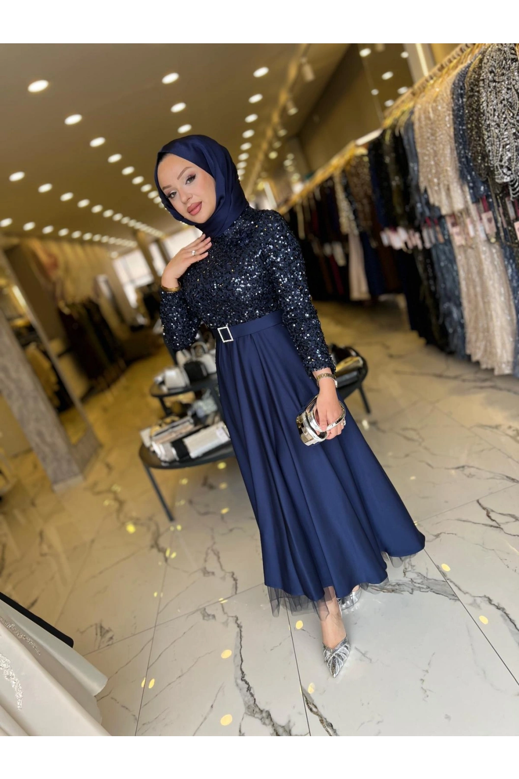 MATEKS-PUL PAYETLİ ELBİSE LACİVERT