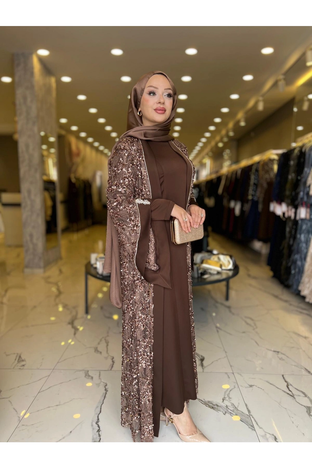 MATEKS-PUL DETAY ABAYA ELBİSE KAHVE