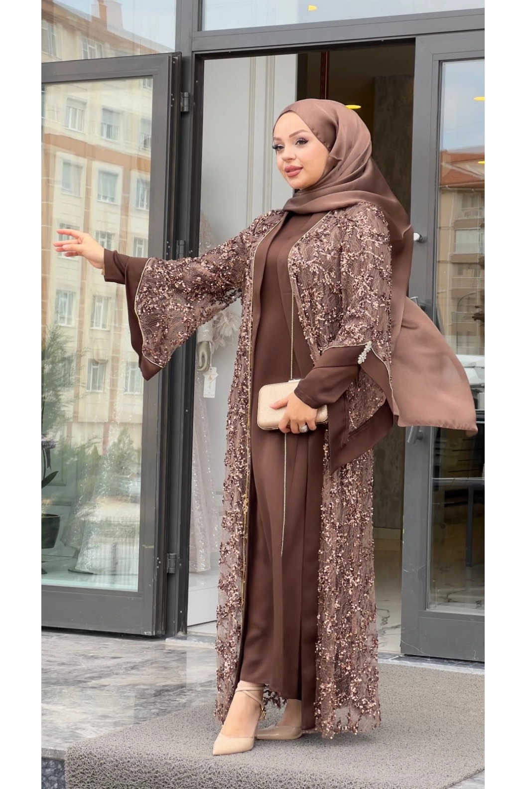 MATEKS-PUL DETAY ABAYA ELBİSE KAHVE