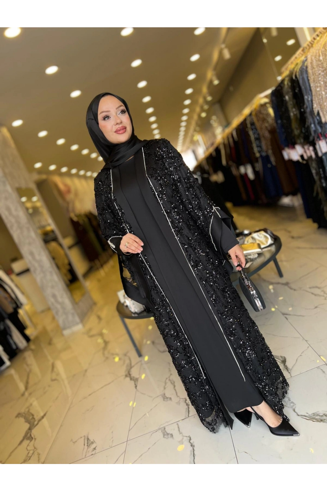 MATEKS-PUL DETAY ABAYA ELBİSE SİYAH