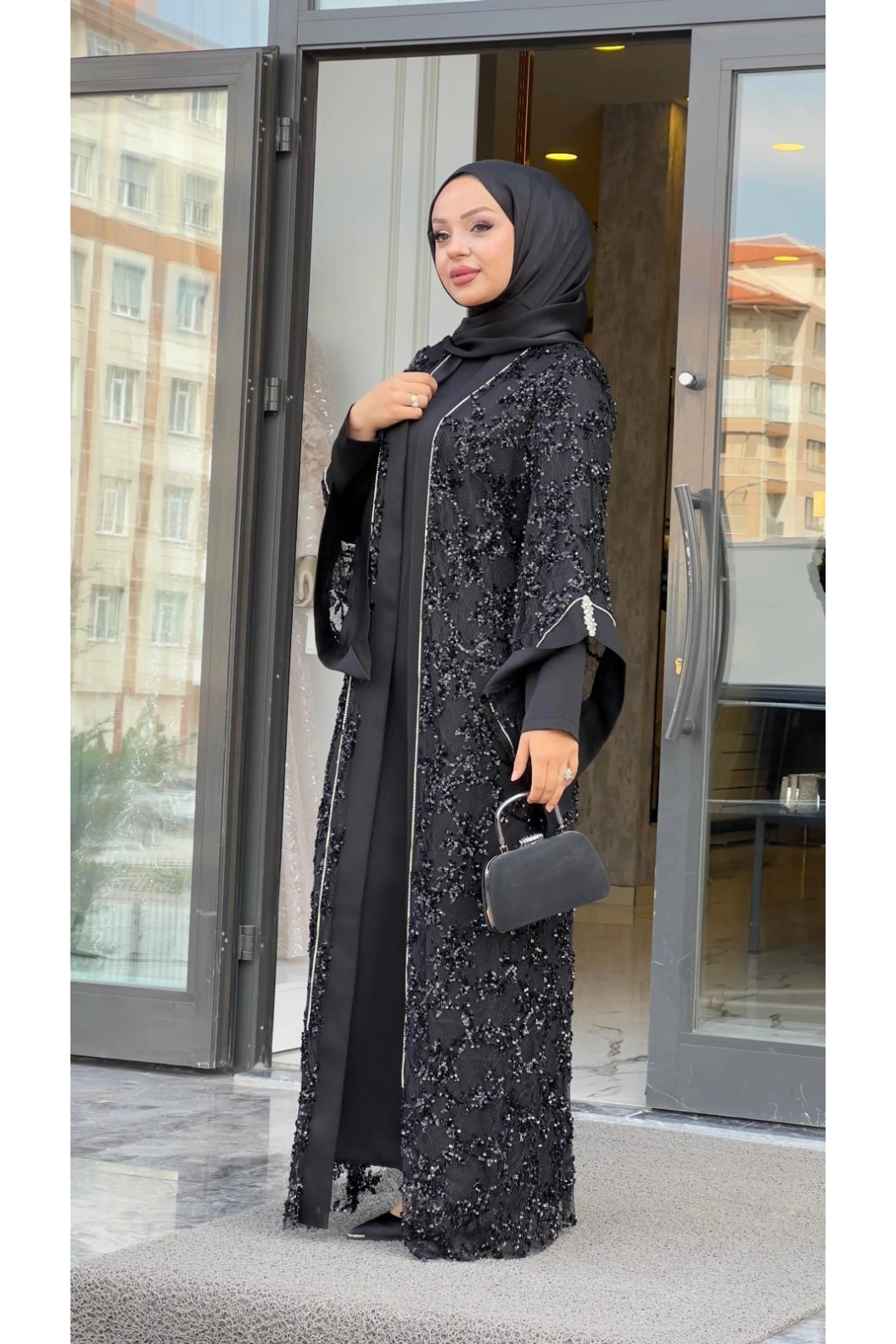 MATEKS-PUL DETAY ABAYA ELBİSE SİYAH
