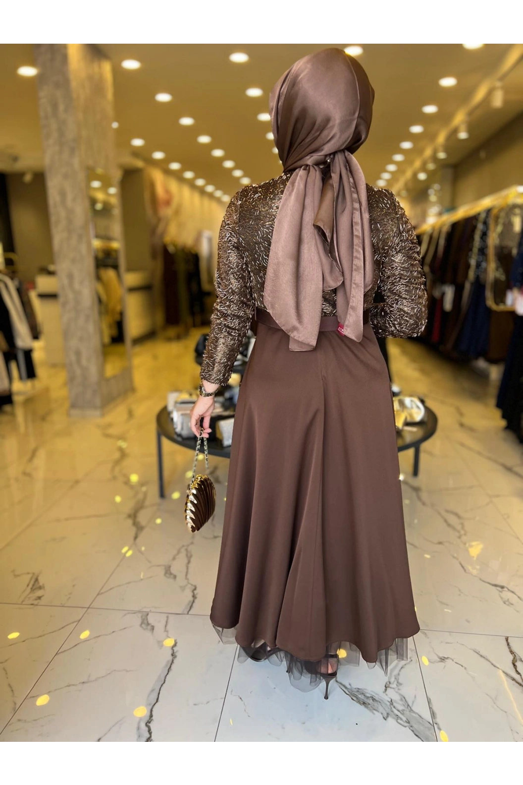 MATEKS-PUL PAYETLİ ELBİSE KAHVE