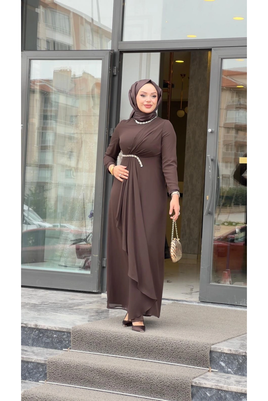 MATEKS-BELİ TAŞLI ELBİSE KAHVE