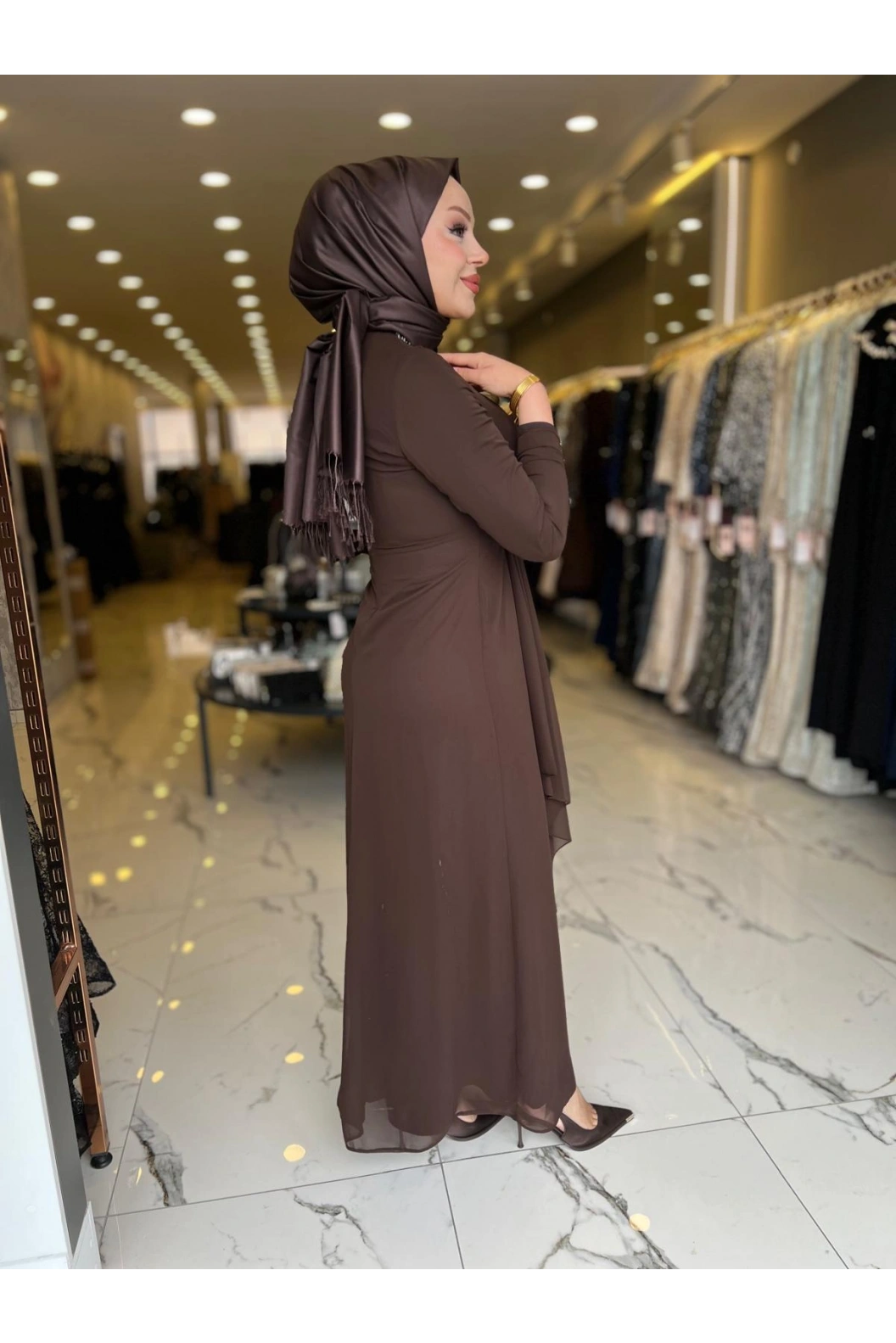 MATEKS-BELİ TAŞLI ELBİSE KAHVE