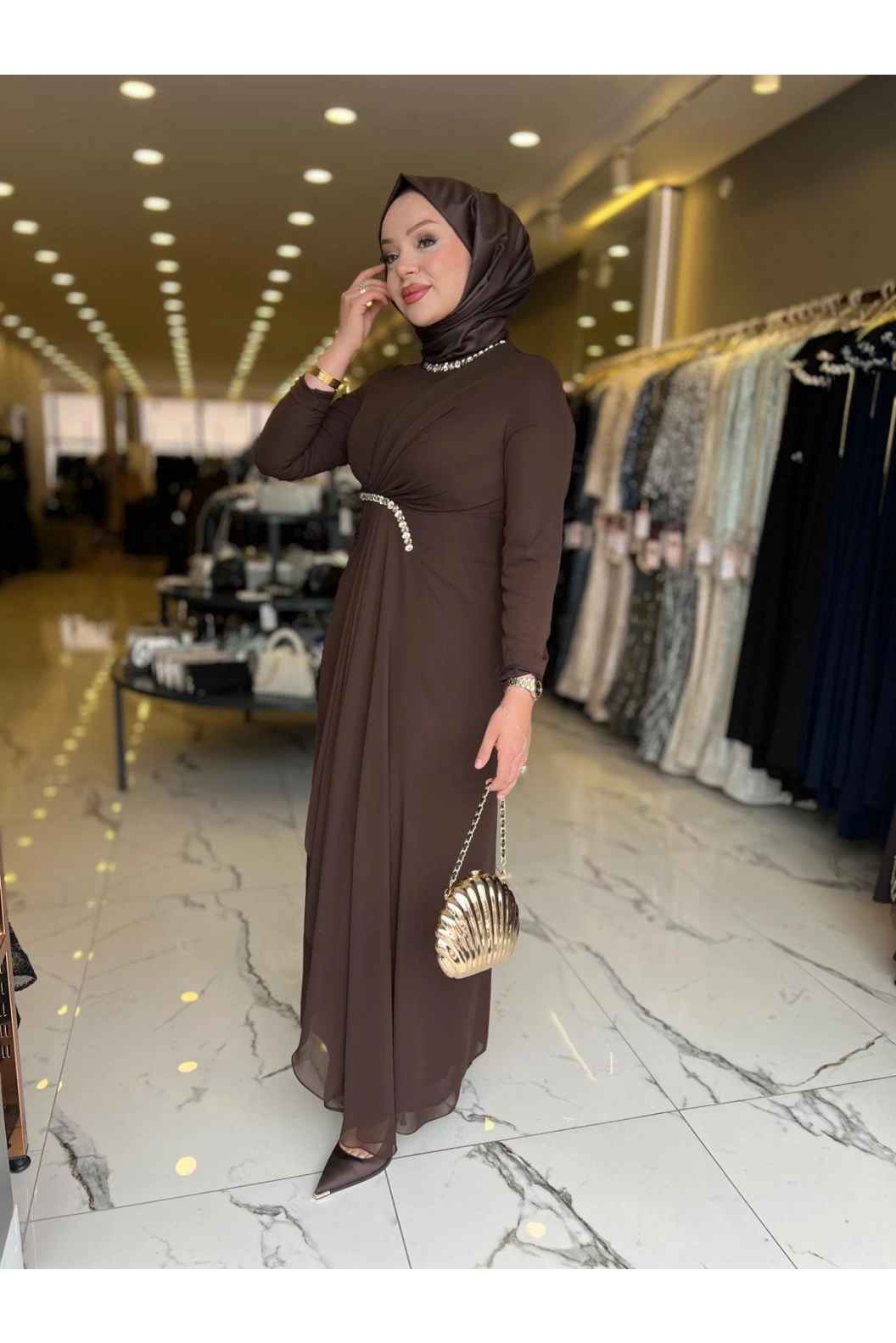 MATEKS-BELİ TAŞLI ELBİSE KAHVE