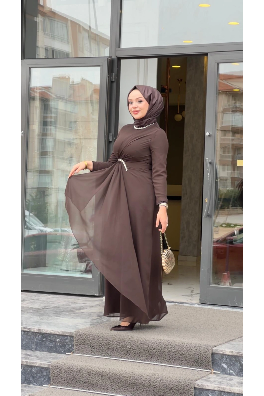 MATEKS-BELİ TAŞLI ELBİSE KAHVE