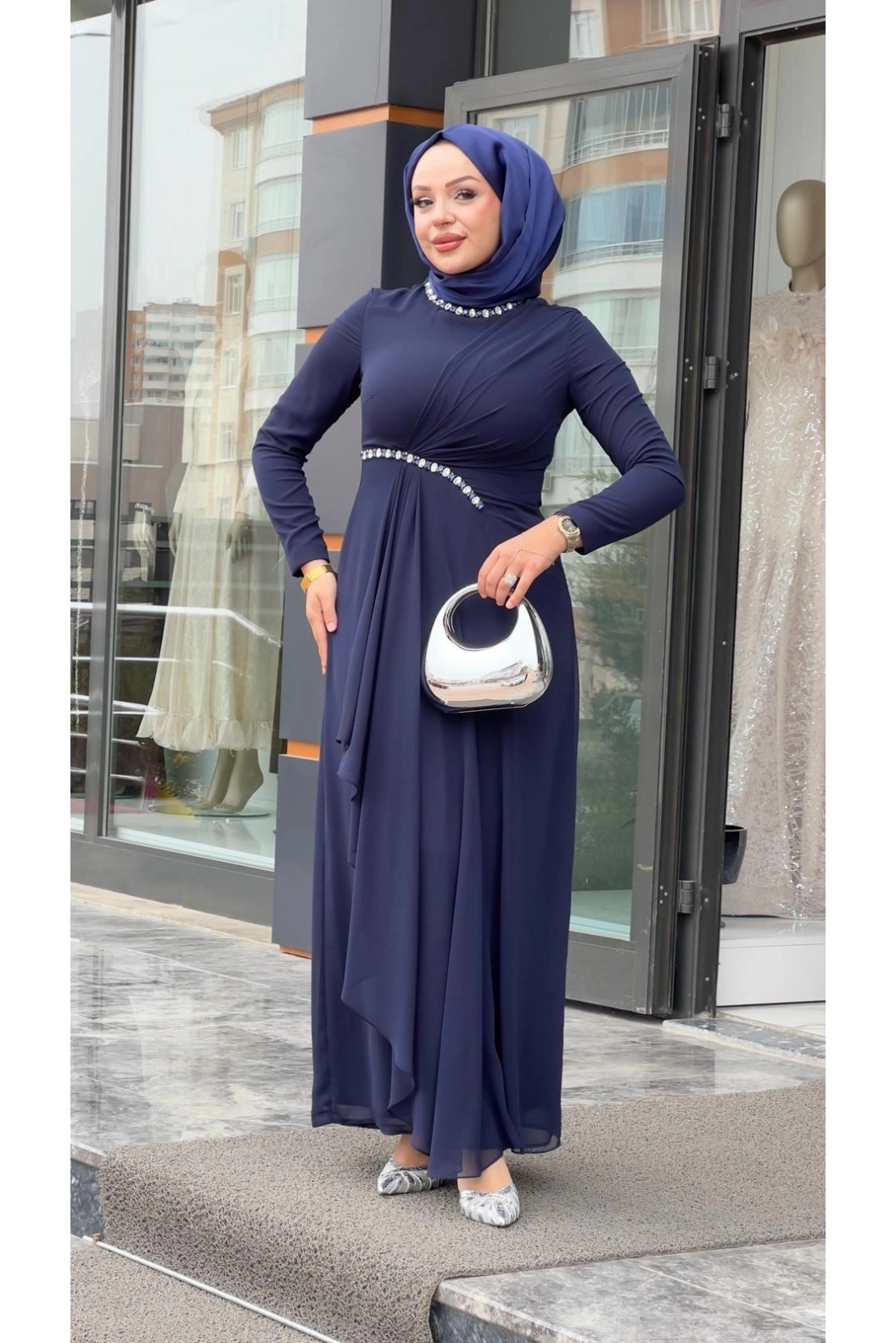 MATEKS-BELİ TAŞLI ELBİSE LACİVERT