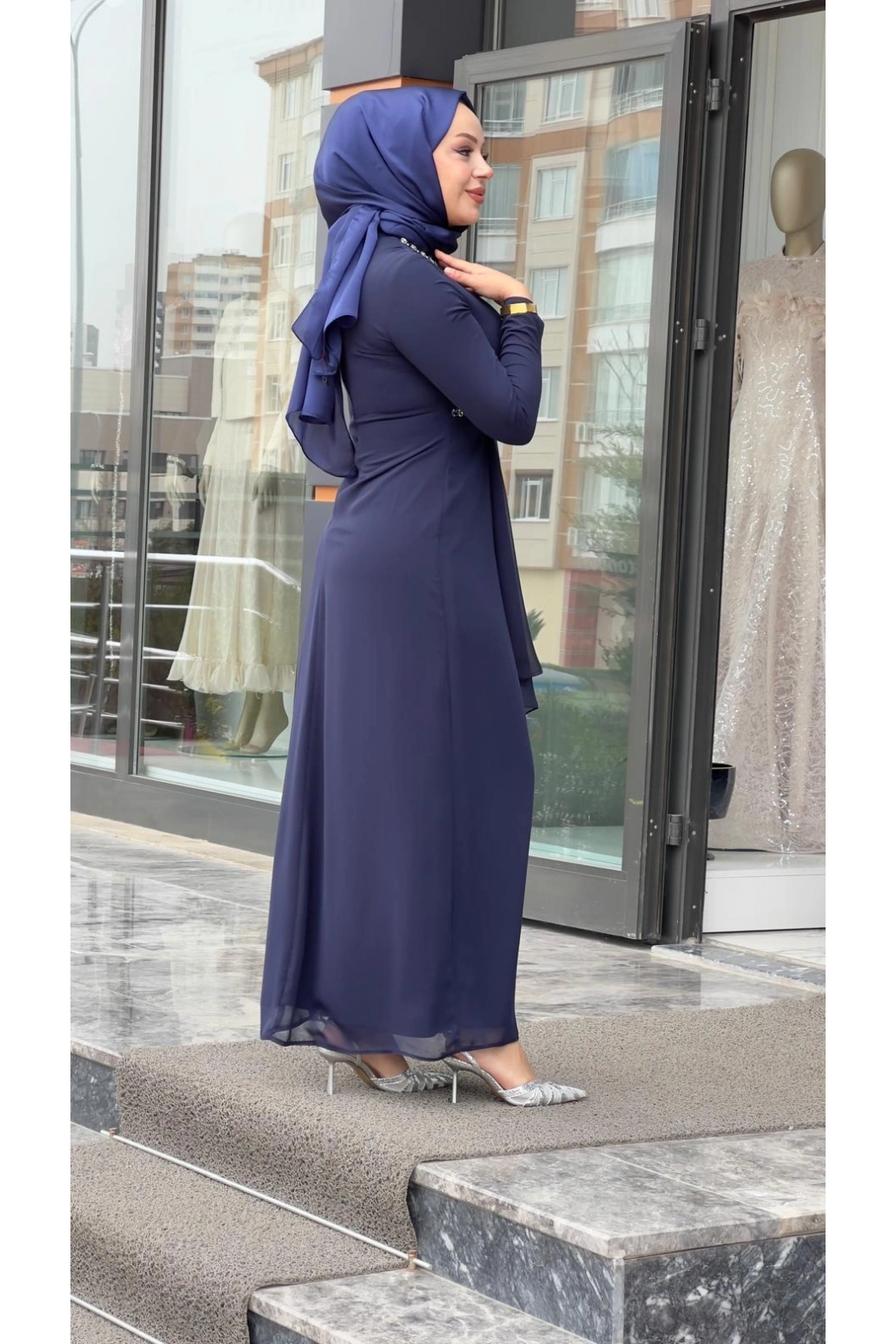 MATEKS-BELİ TAŞLI ELBİSE LACİVERT