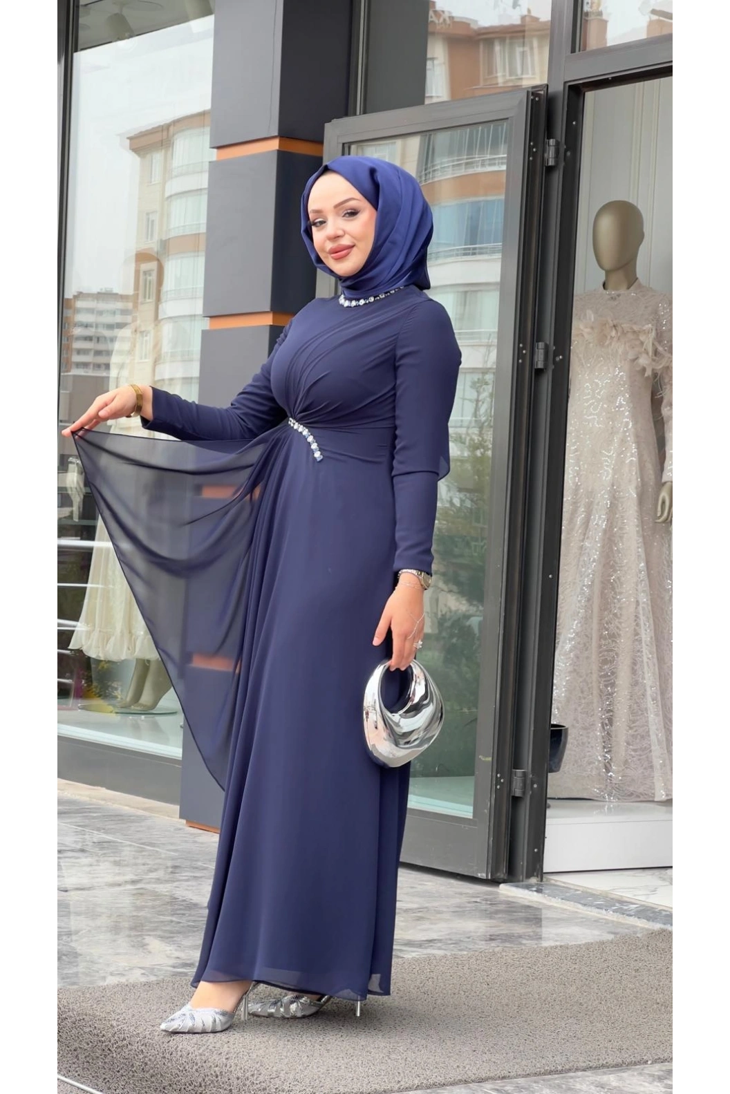 MATEKS-BELİ TAŞLI ELBİSE LACİVERT