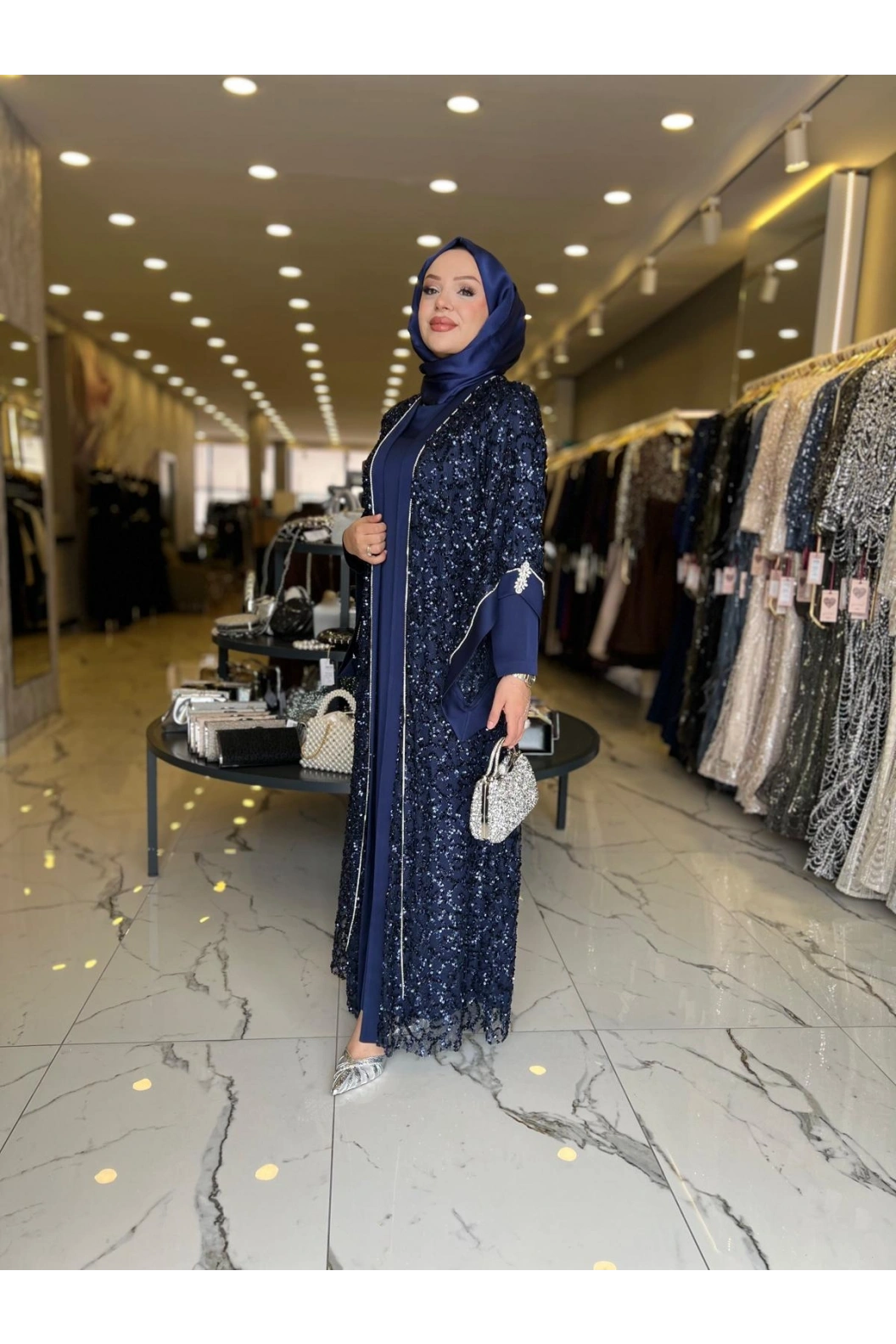 MATEKS-PUL DETAY ABAYA ELBİSE LACİVERT